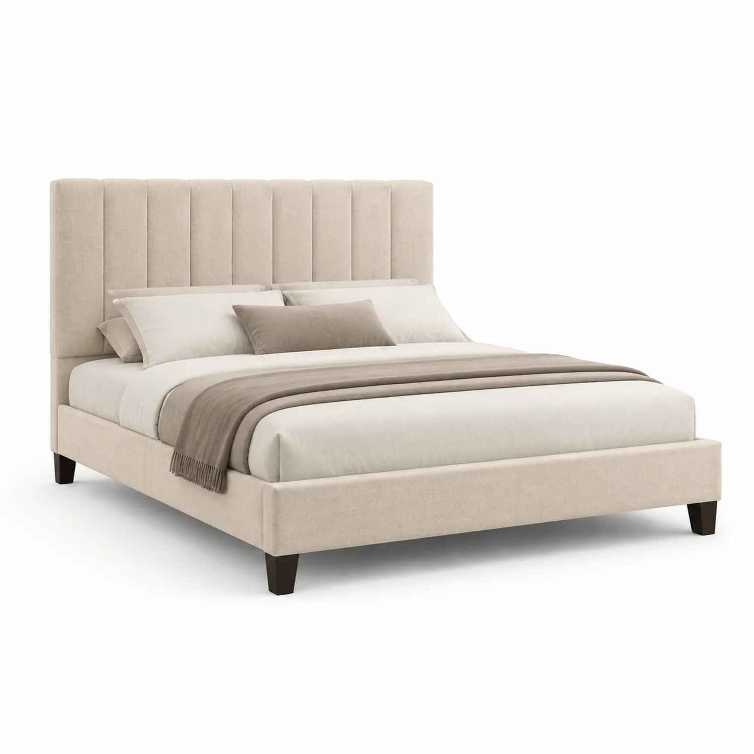 Cama tapizada en poliéster beige con estructura de madera-eltidorin