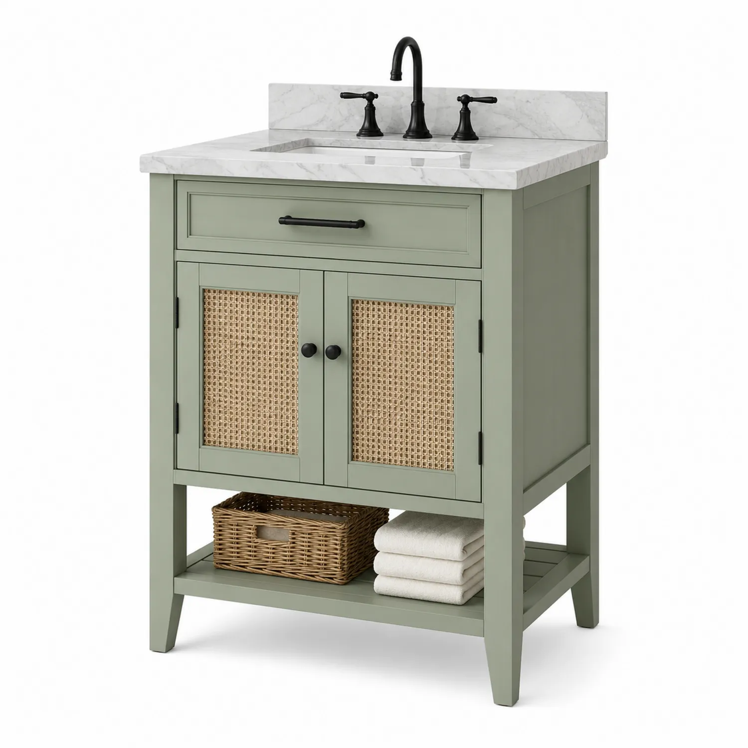 Mueble de lavabo de madera con mármol y ratán Verde-eltidorin