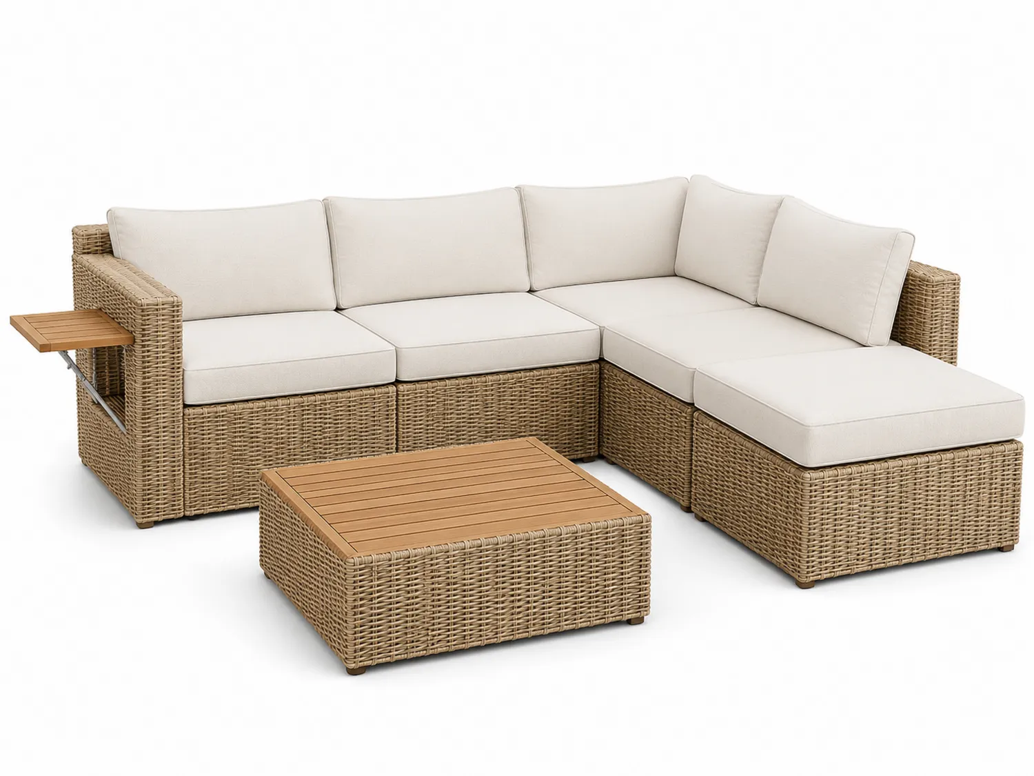 Set de sofá modular de ratán sintético con cojines crema y mesa de centro-eltidorin