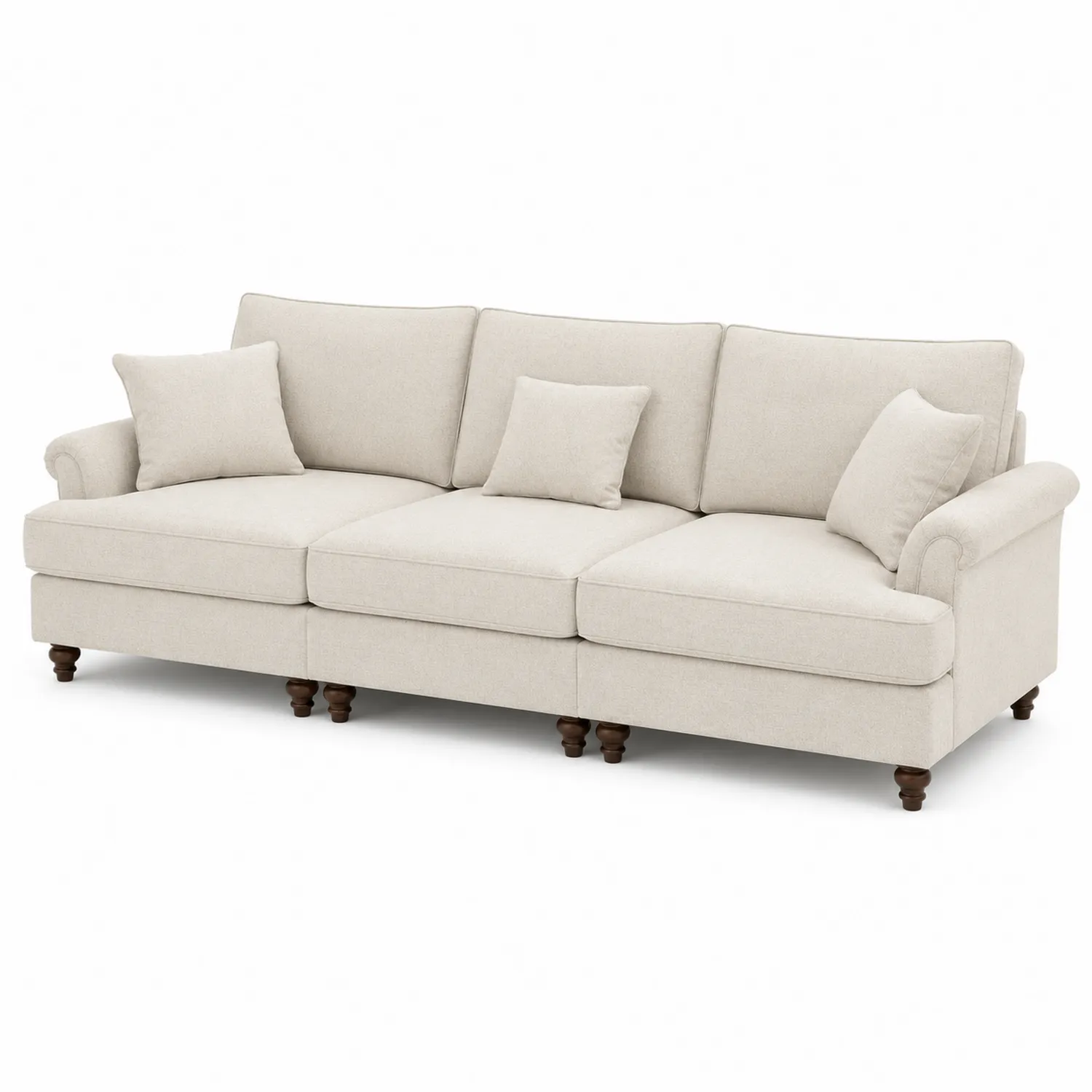 Sofá de Tres Plazas de Tela Beige con Cojines y Patas de Madera-eltidorin
