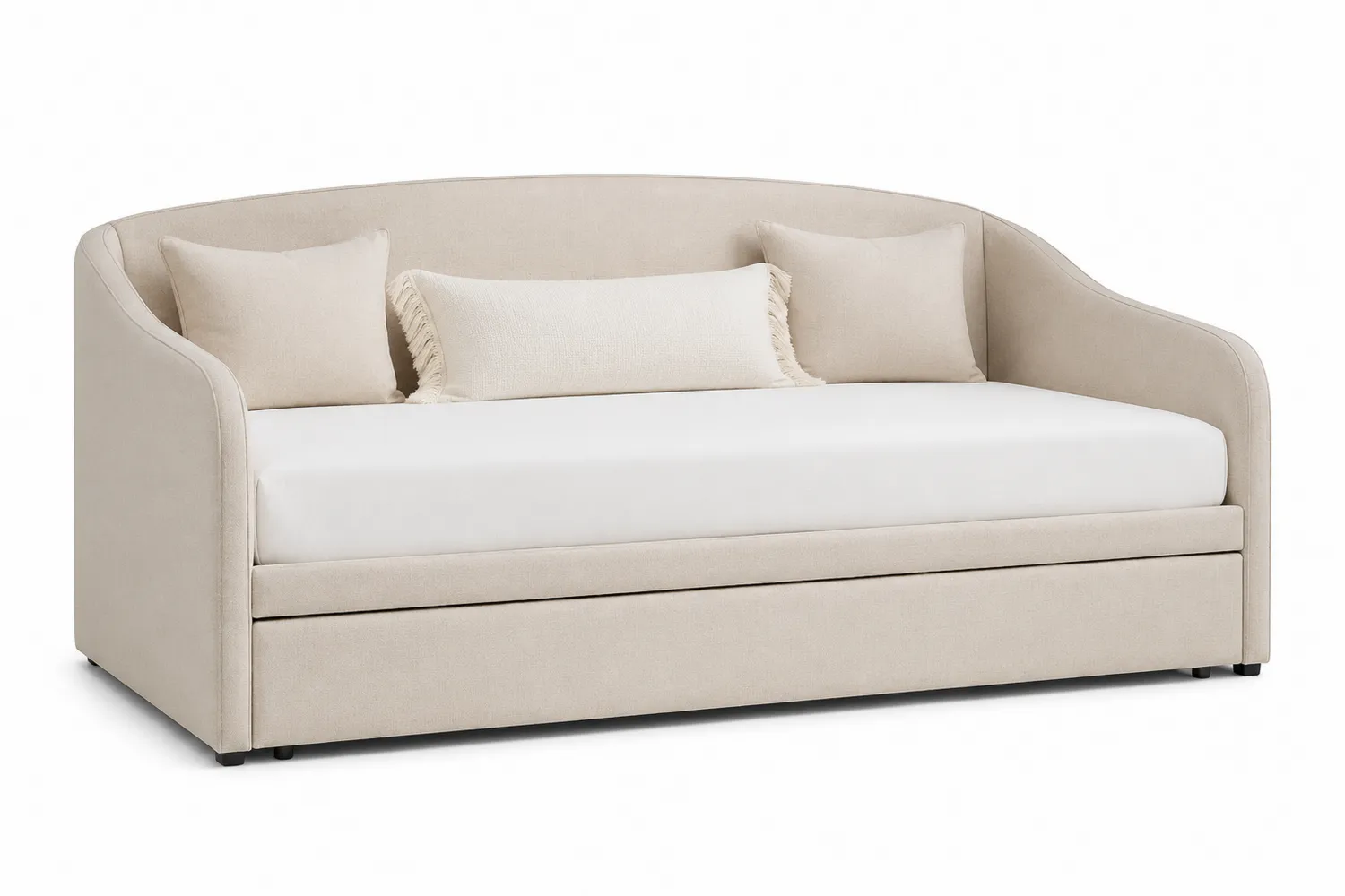 Sofá cama de lino beige con almacenamiento y cojines