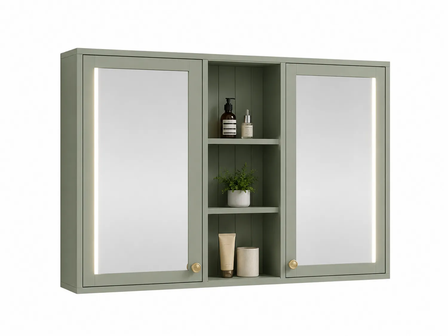 Armario de baño con espejos LED, madera, Verde, 85x15x65 cm