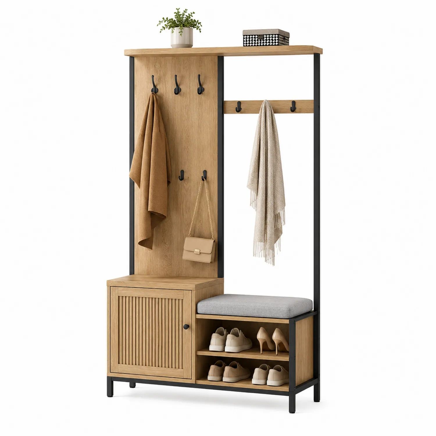 Perchero con banco de madera y metal 180x100x40cm