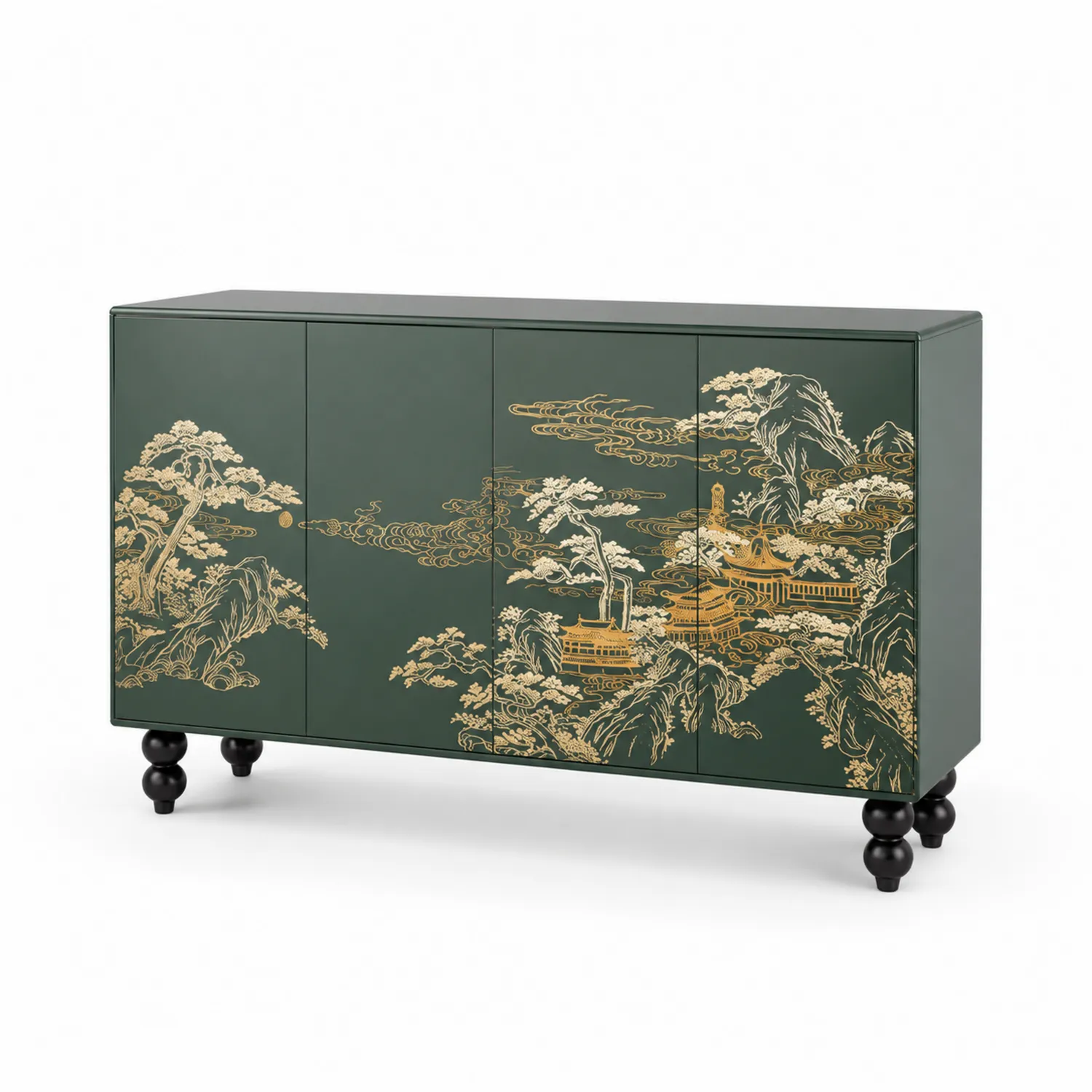 Aparador de MDF pintado a mano en Verde y Oro, 150 cm