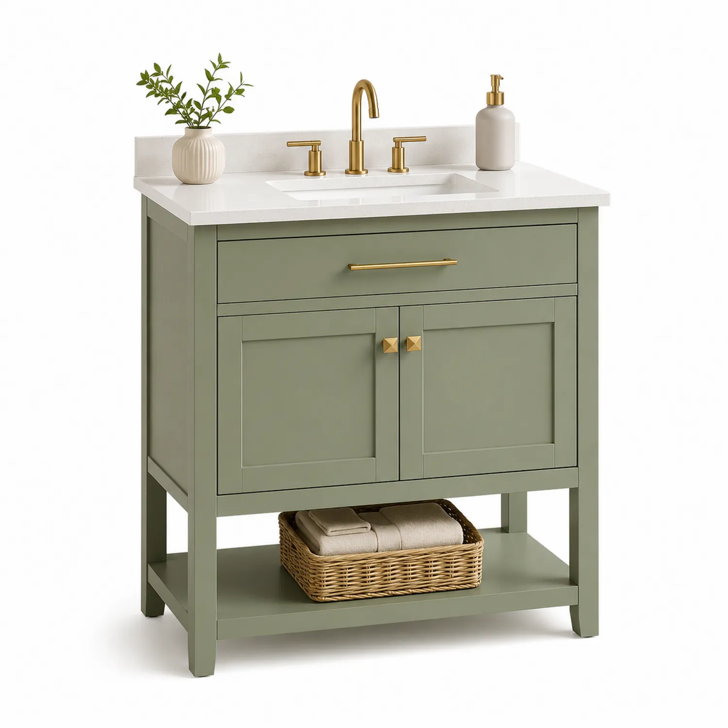 Mueble de baño de madera verde con encimera de cuarzo