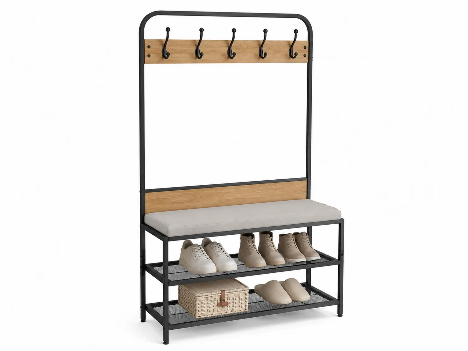 Banco perchero con estante para zapatos de metal y madera Negro y Roble