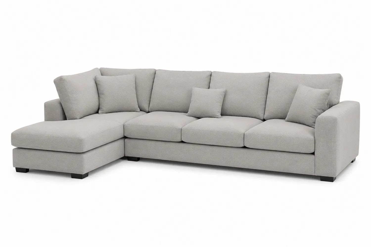 Sofá modular en L de tela gris con chaise longue y cojines
