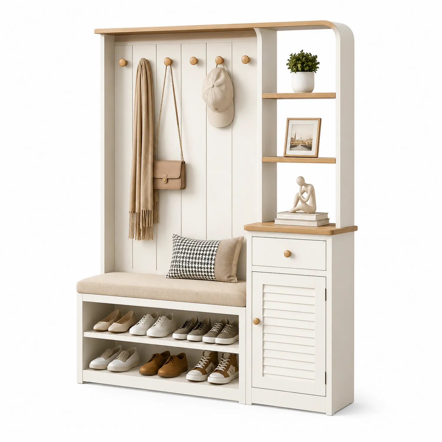 Conjunto de perchero con banco y estantería de madera y cojín 180x120x35 cm Blanco/Roble