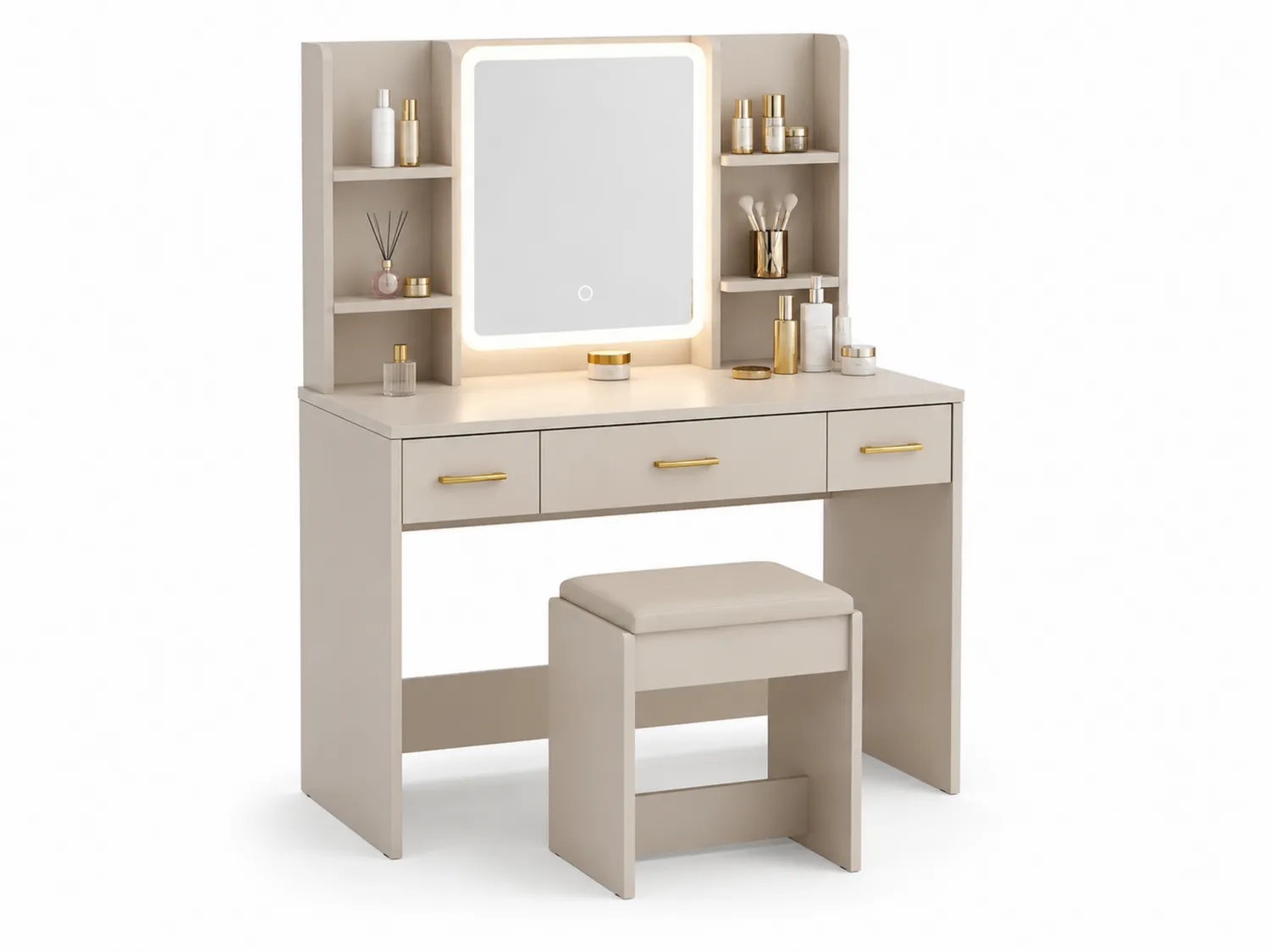 Tocador de Madera Contrachapada con Espejo LED y Taburete Beige