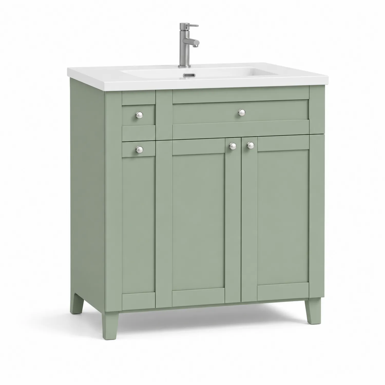 Mueble de baño de madera verde con lavabo de porcelana