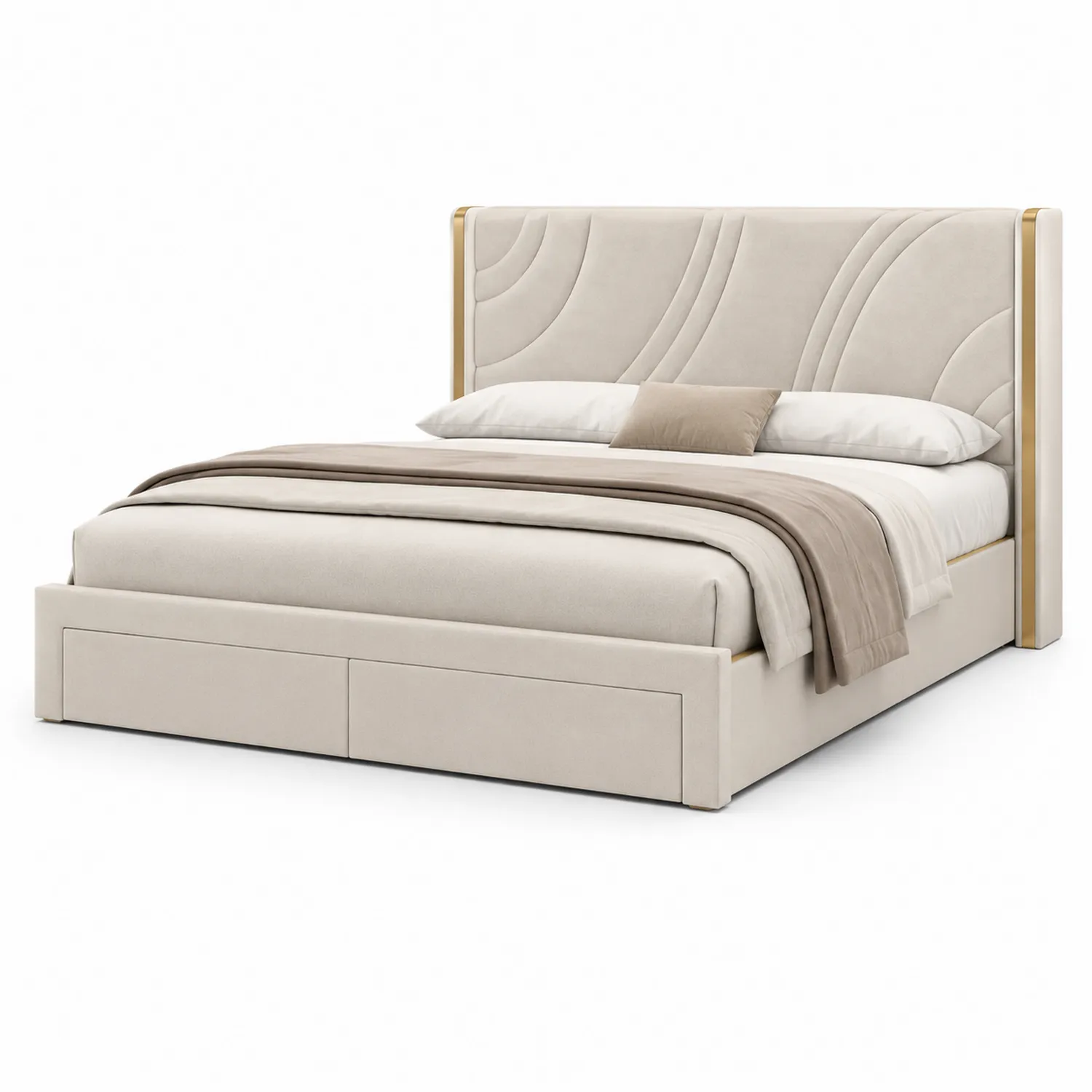 Cama de matrimonio tapizada de poliéster beige con almacenamiento 160x200 cm