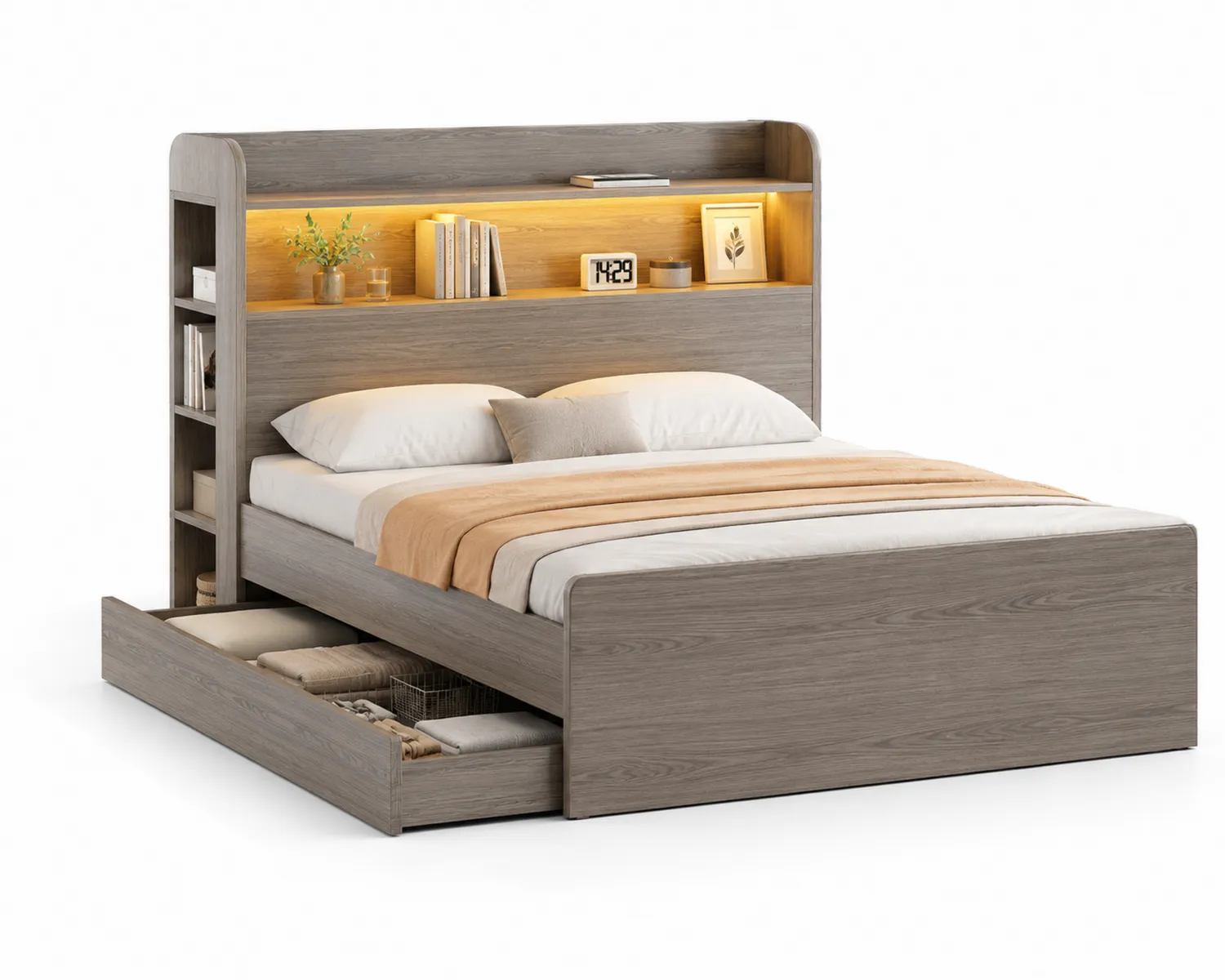 Cama de madera con almacenamiento y luz LED Gris
