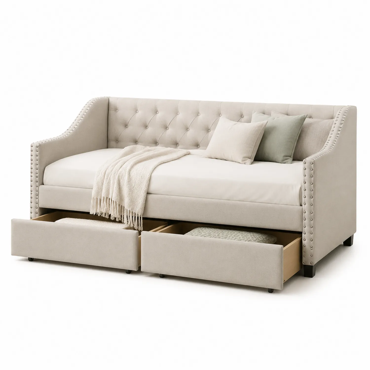Sofá cama con cajones tapizado en poliéster Beige