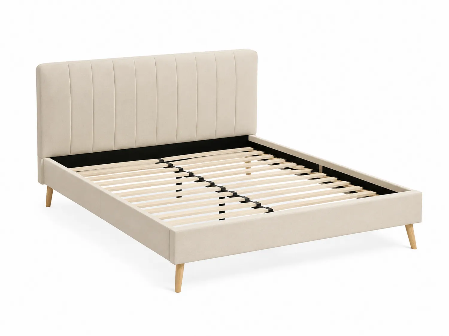 Cama tapizada en lino beige con patas de madera