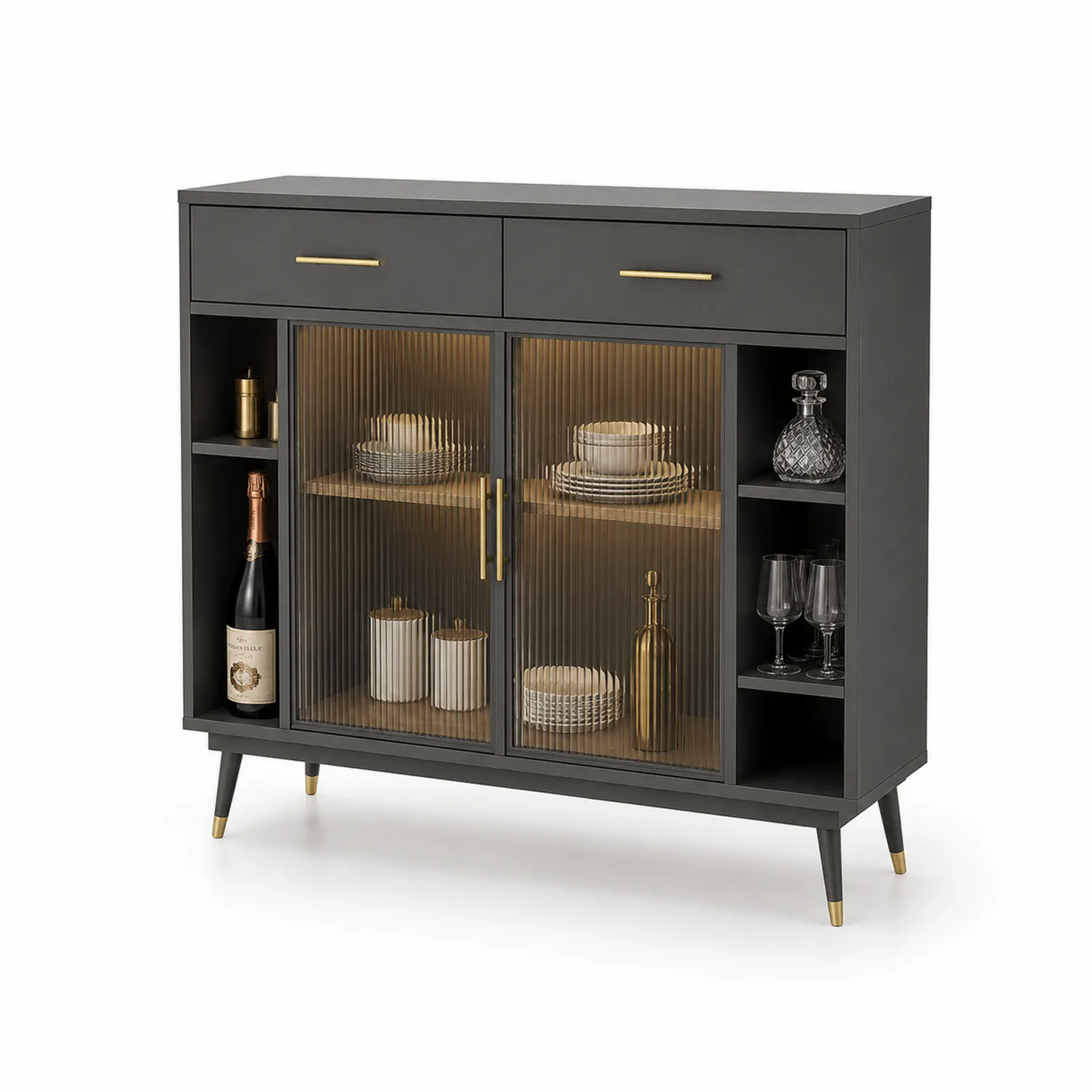 Aparador de madera con puertas de vidrio canelado y patas de metal, 120 x 40 x 100 cm, Negro