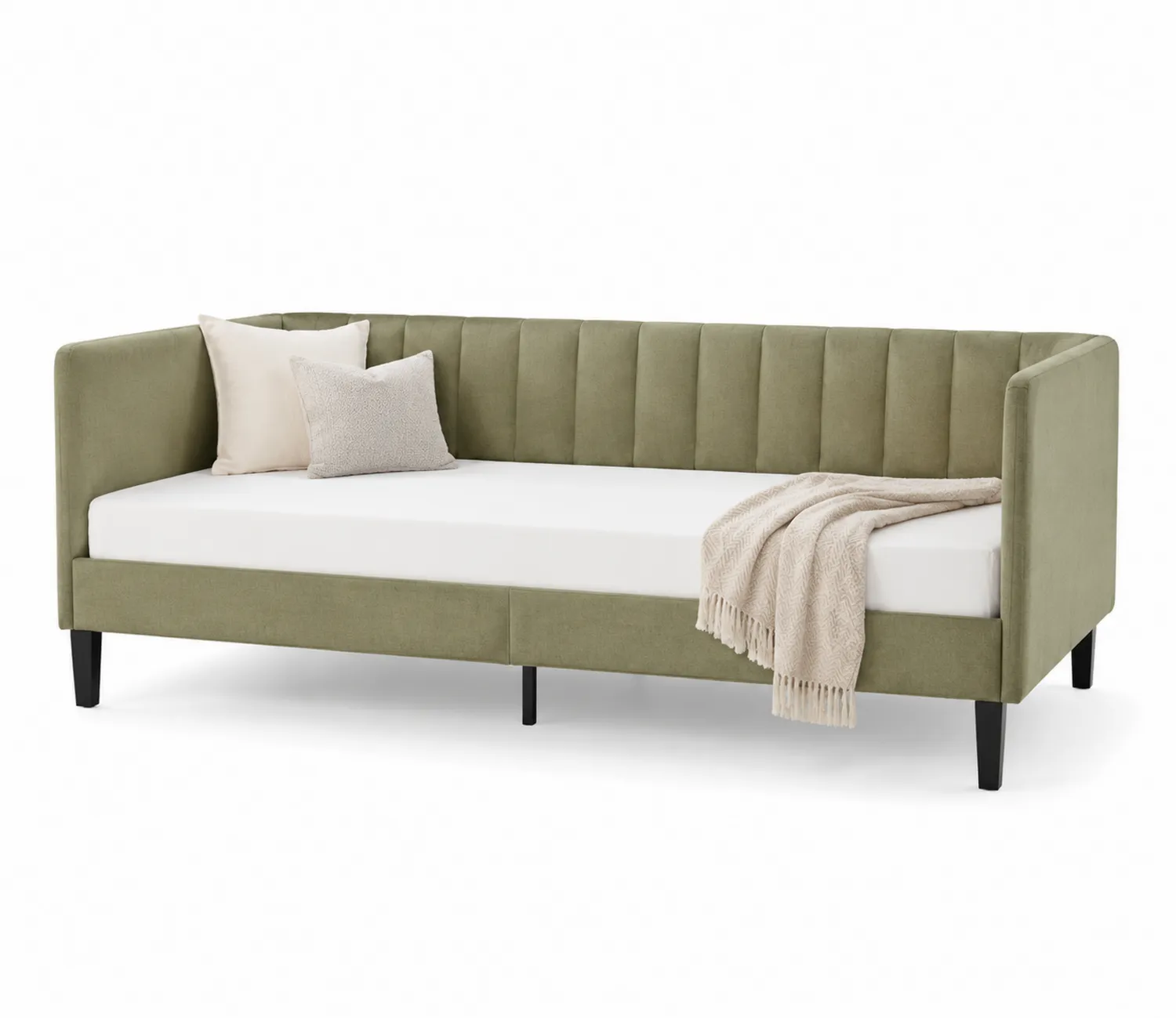 Cama de día de madera y metal verde con colchón y cojines