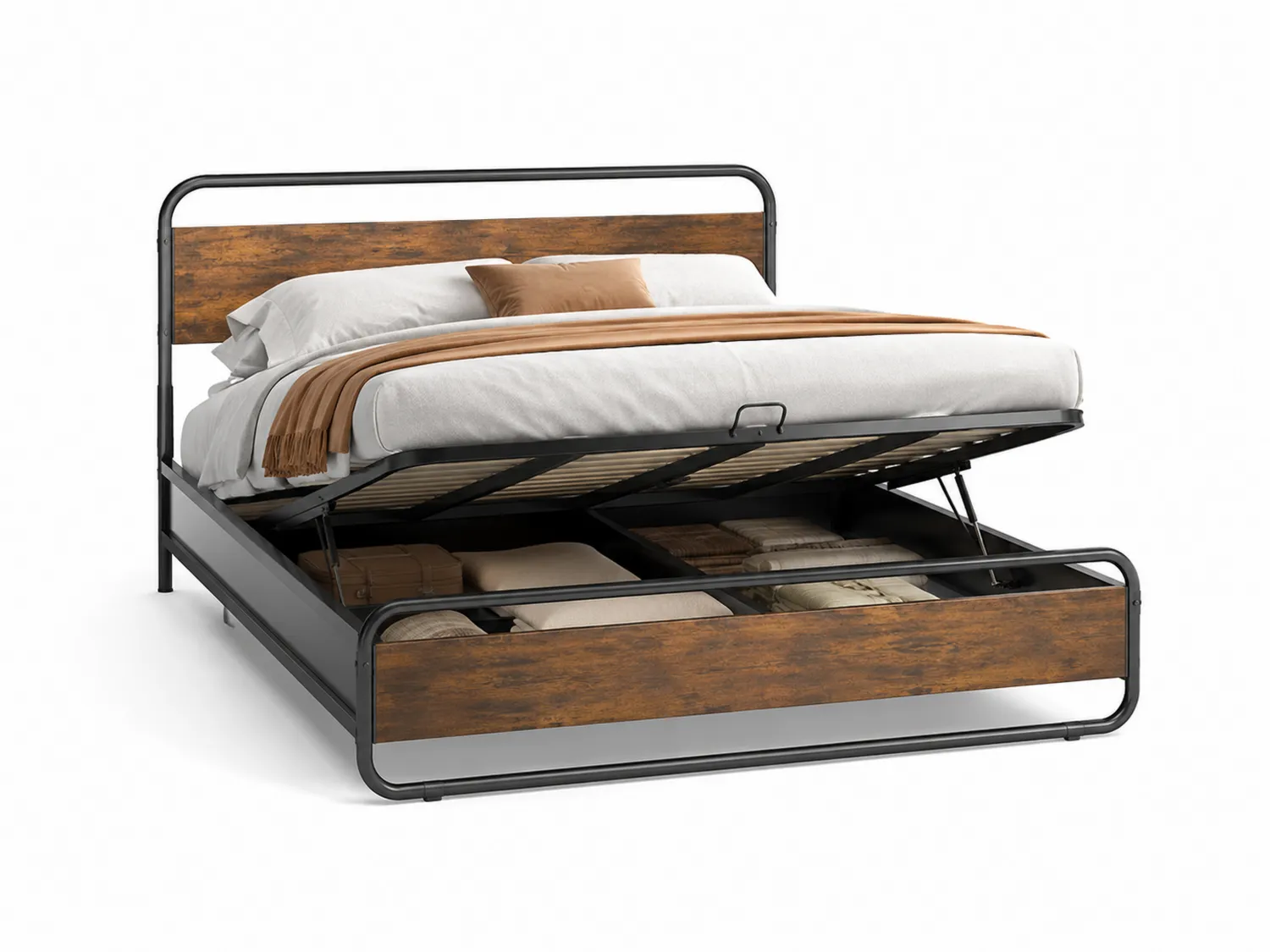 Cama de Metal y MDF con Almacenamiento 200x150 cm Marrón/Negro
