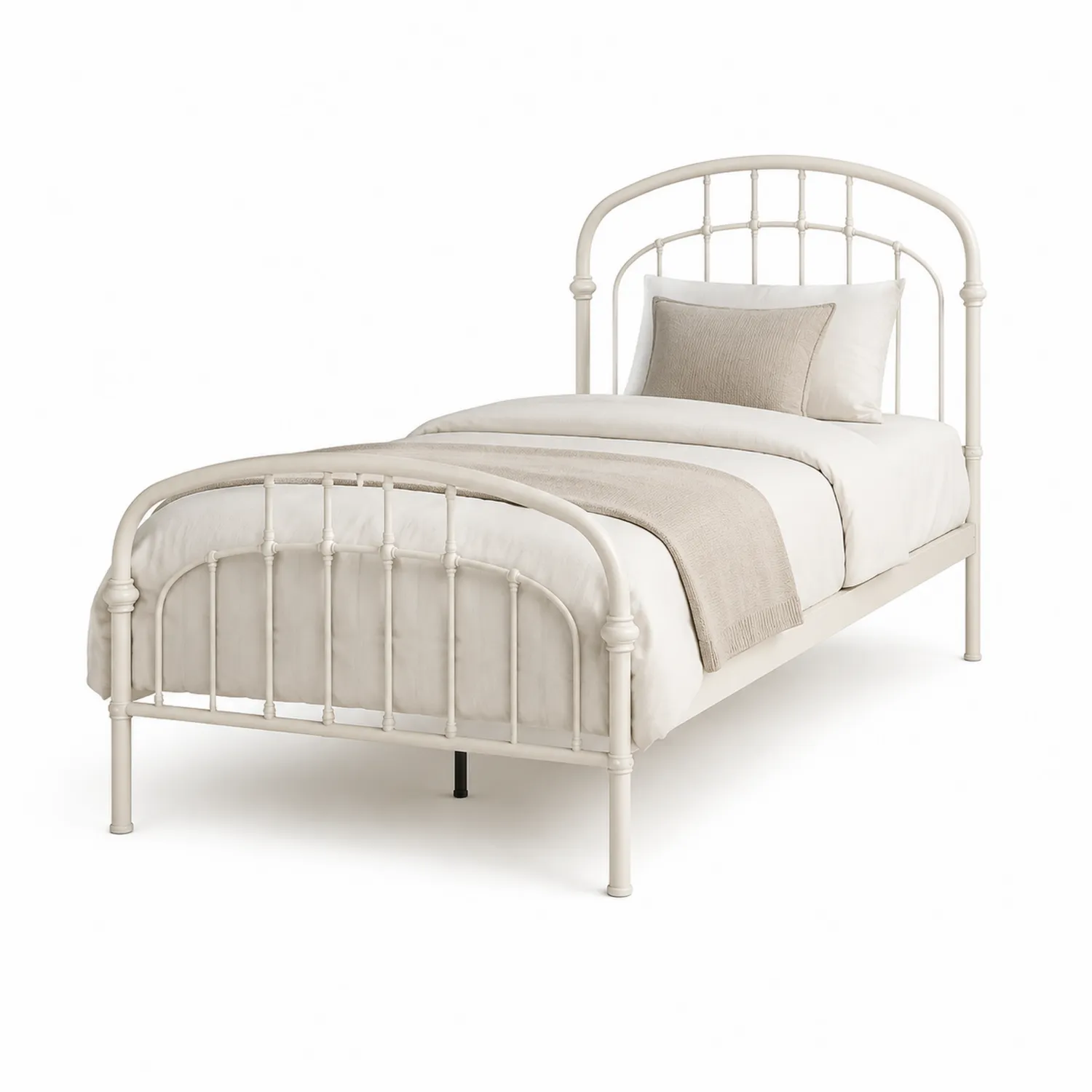 Cama individual de metal con ropa de cama de algodón