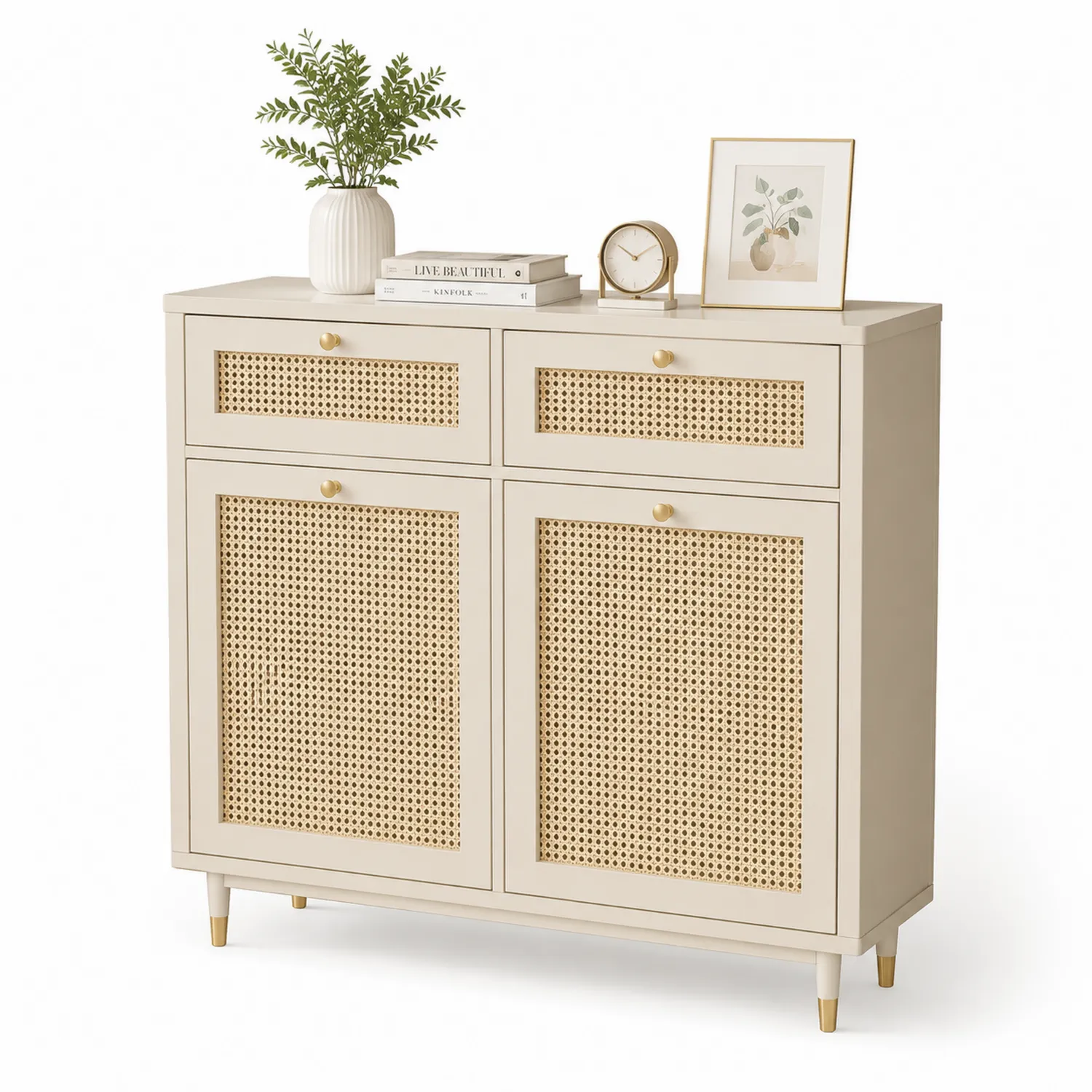 Mueble zapatero de madera y ratán 80x30x90 cm Beige