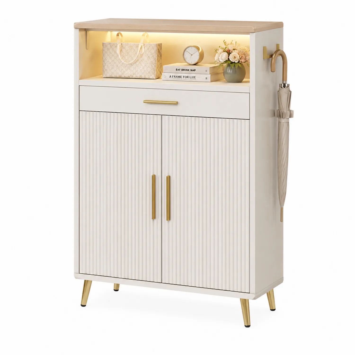 Zapatero de Madera con Puertas y Cajón 90x30x110 cm Beige
