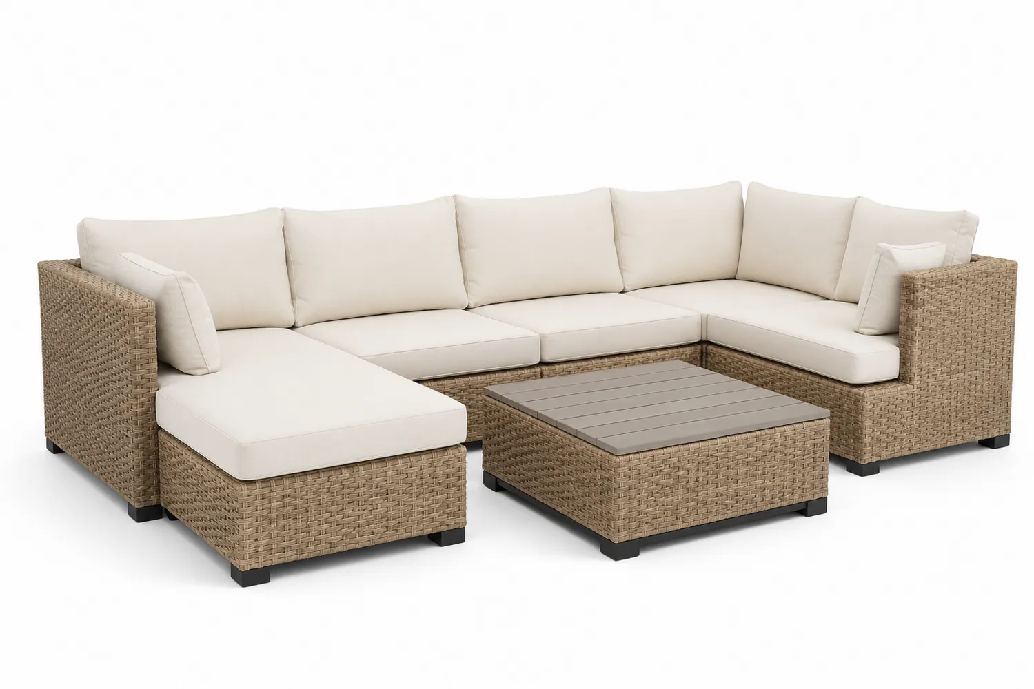 Sofá modular de ratán sintético y aluminio para exterior con cojines crema