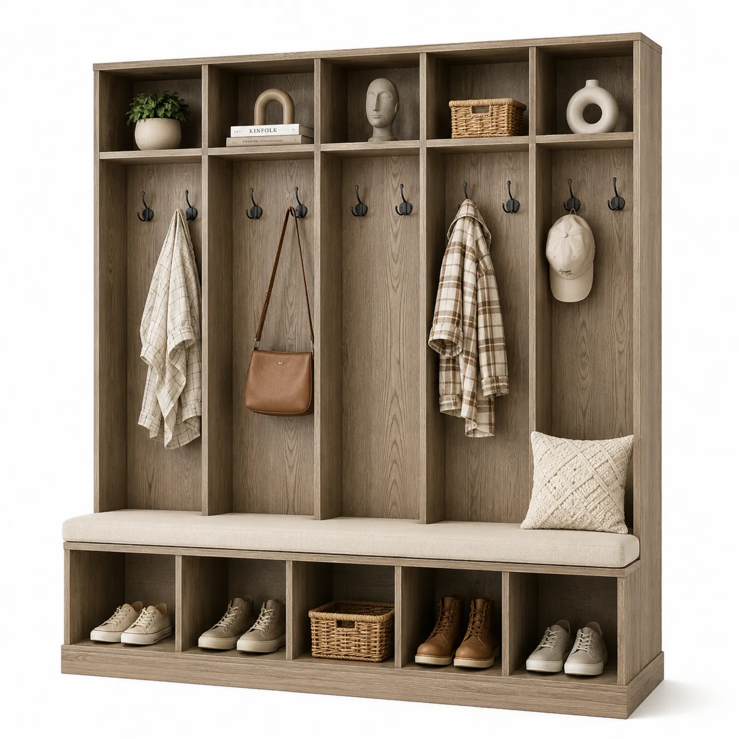 Conjunto de perchero de madera con banco y cojín de lino