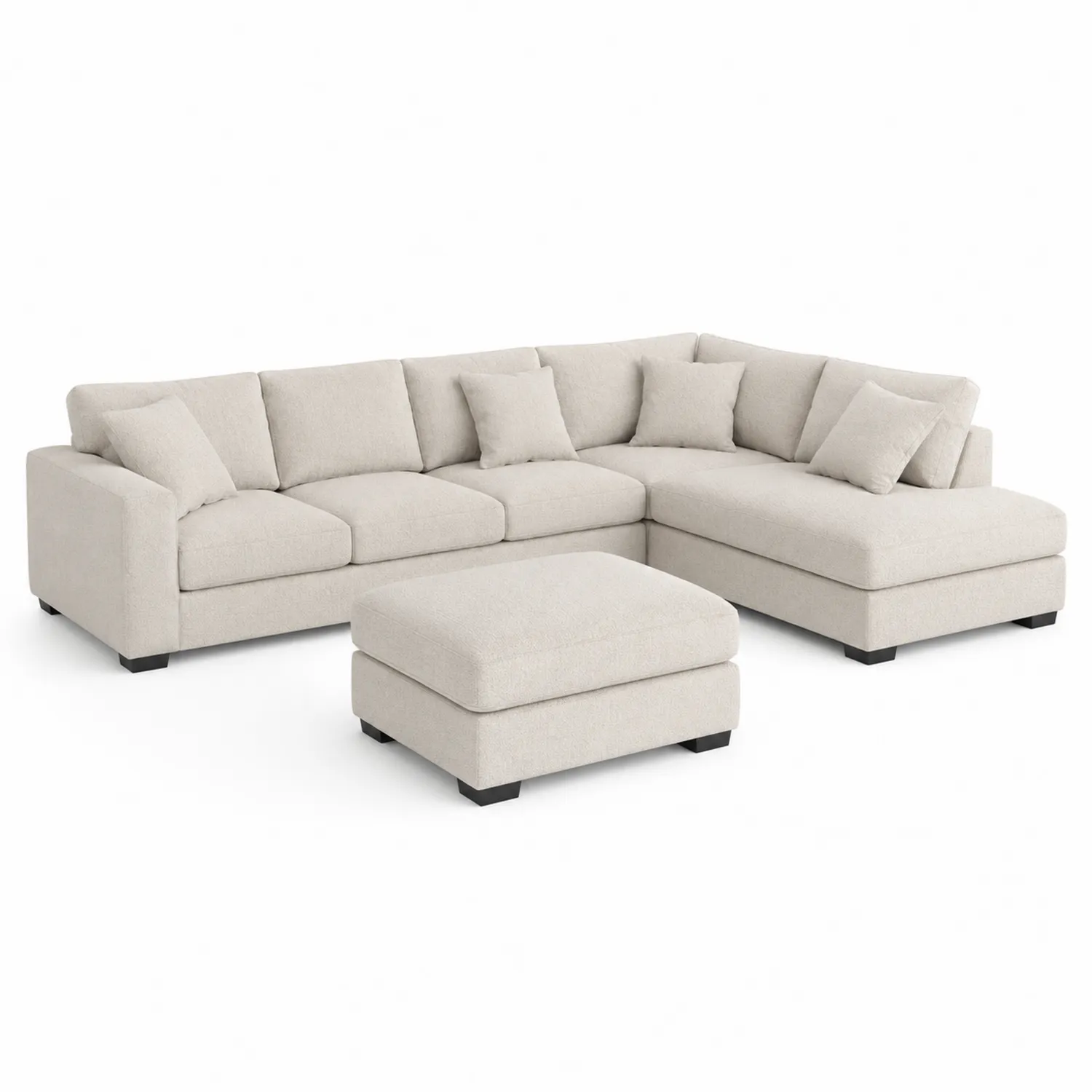 Sofá modular en L de tela beige con estructura de madera y cojines incluidos