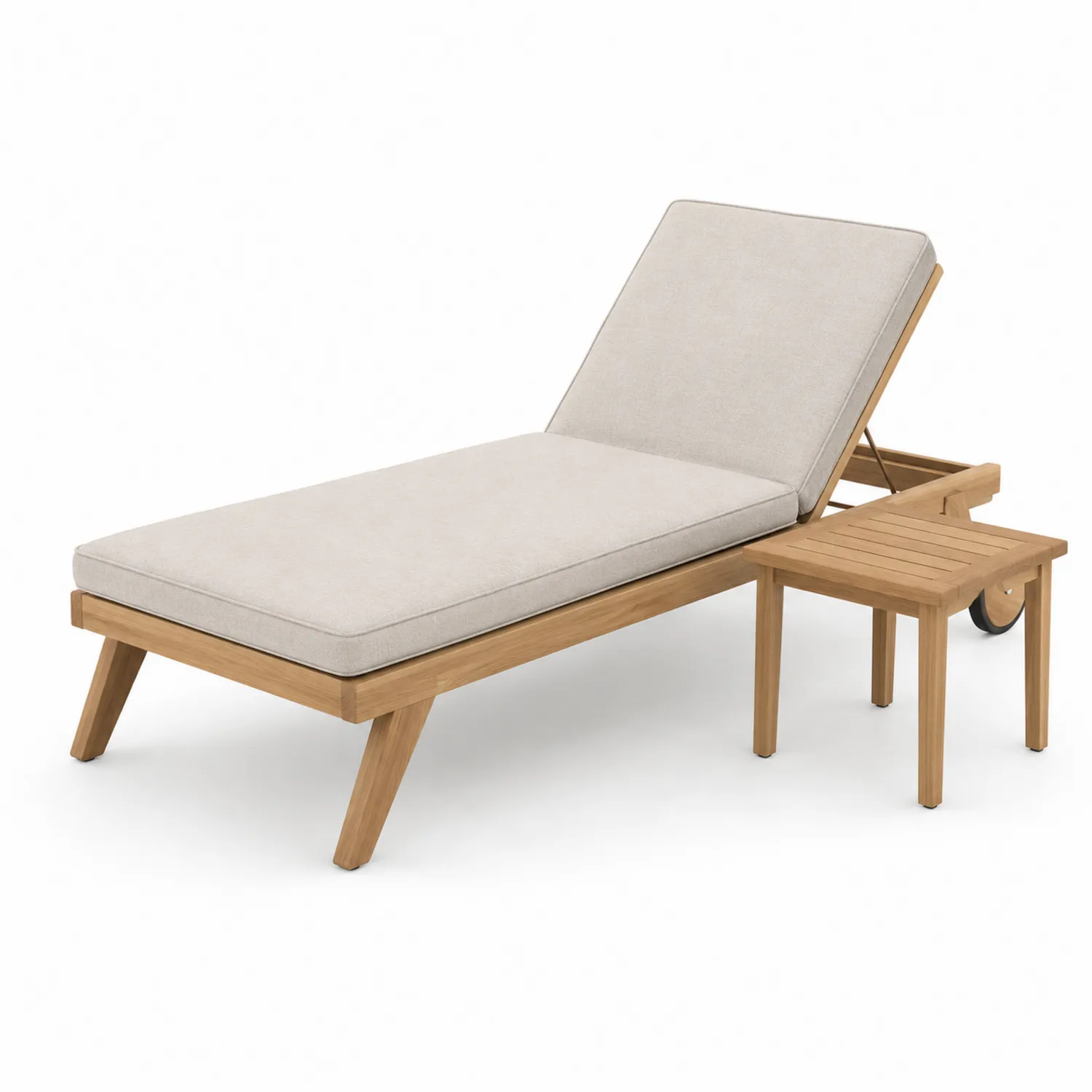 Tumbona de madera de teca con cojín beige y mesa lateral