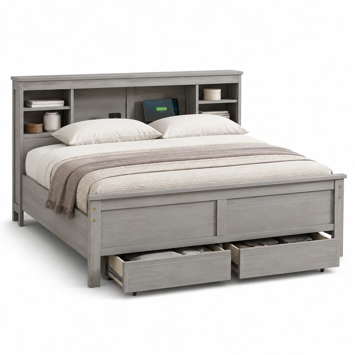 Cama de madera gris con almacenamiento y cabecero