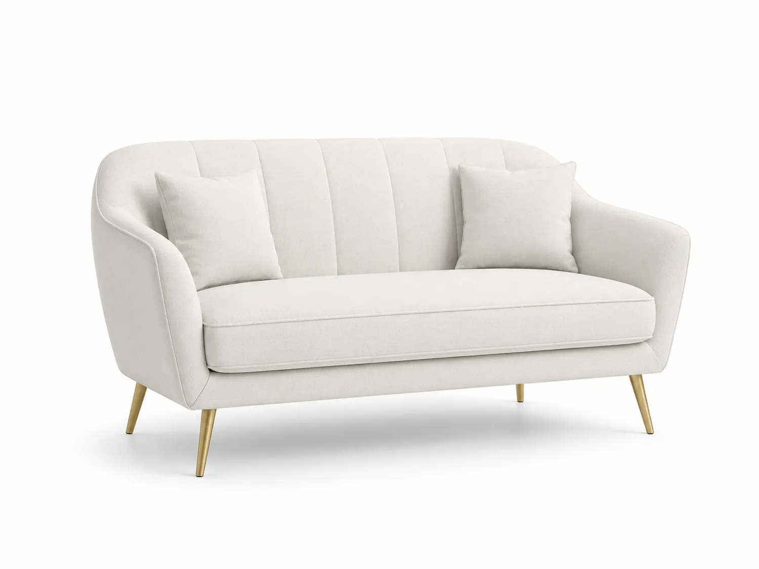 Sofá de dos plazas de tela poliéster beige con patas de metal dorado
