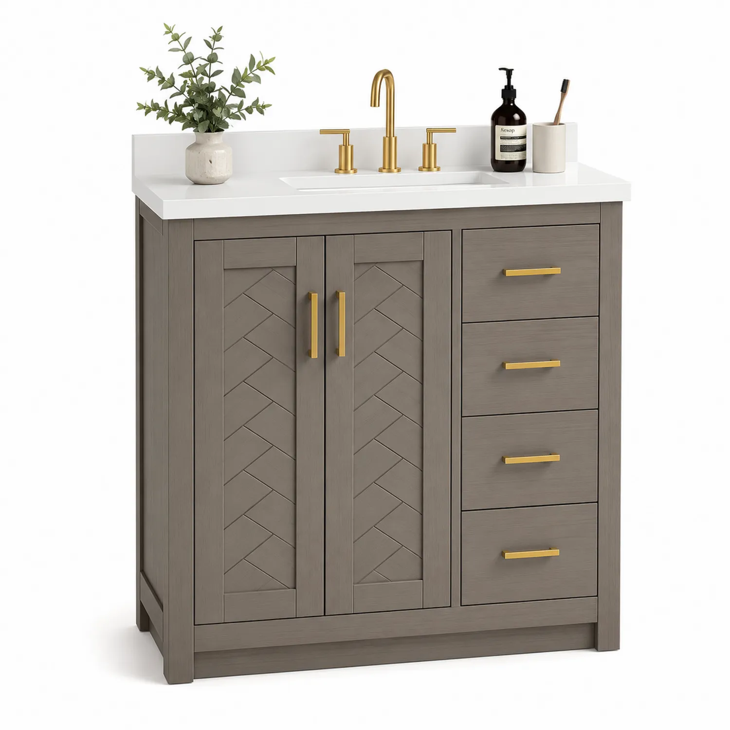Mueble de lavabo de madera con grifería de latón dorado, 80cm