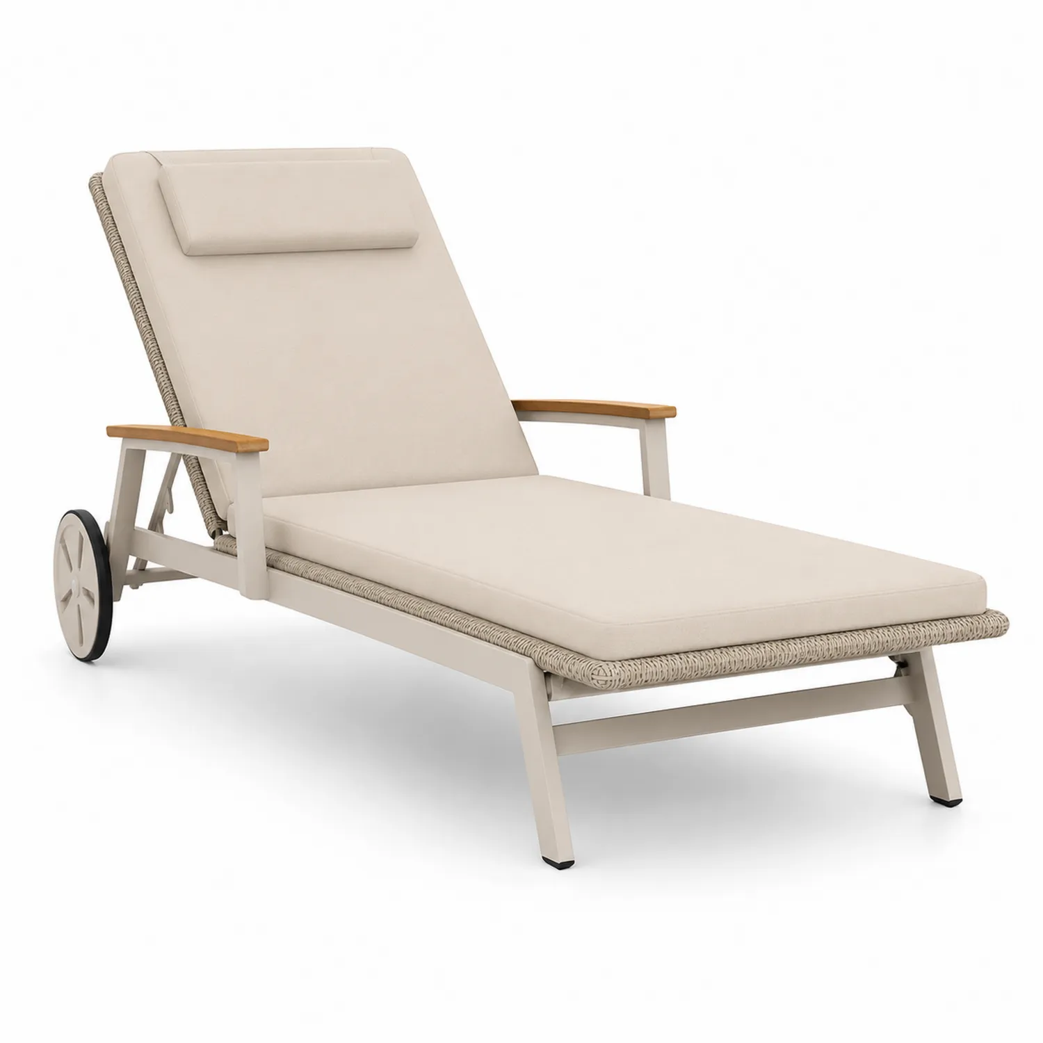 Tumbona de Aluminio y Madera de Teca con Cojín Beige