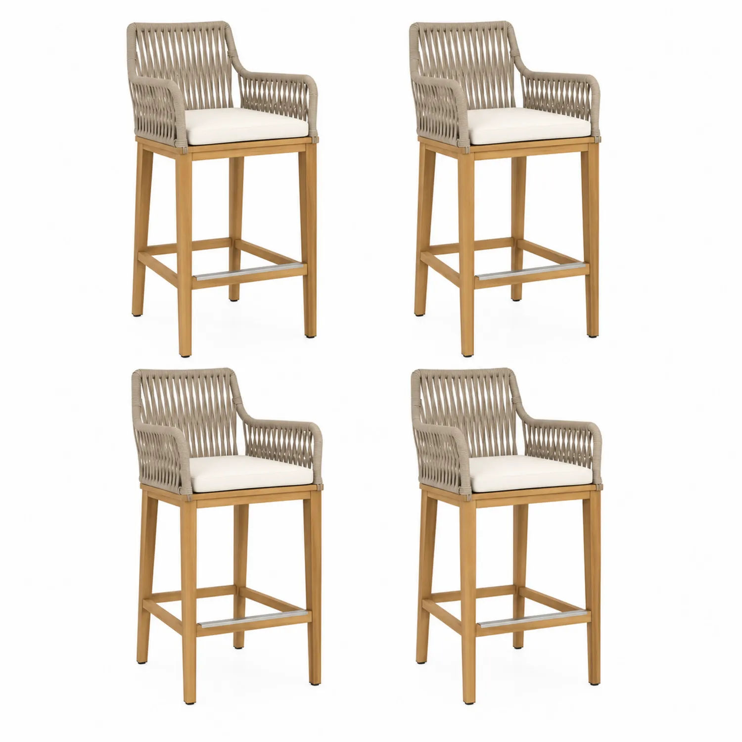 Juego de 4 taburetes de madera de acacia y cuerda sintética beige