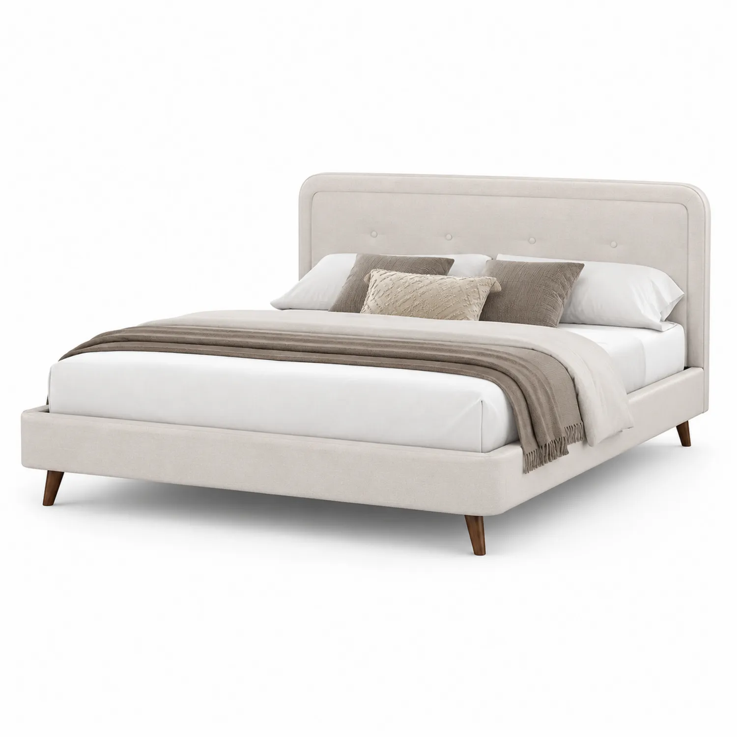 Cama de tela tapizada beige con patas de madera de 200x160 cm