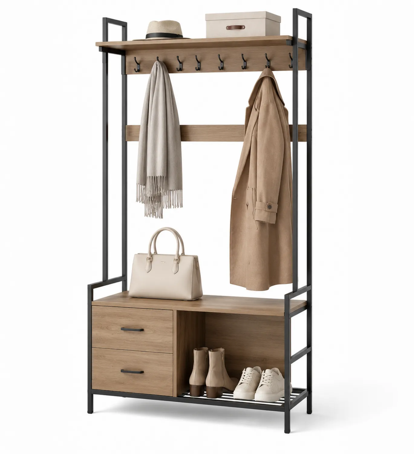 Conjunto de Recibidor con Perchero de Madera y Metal