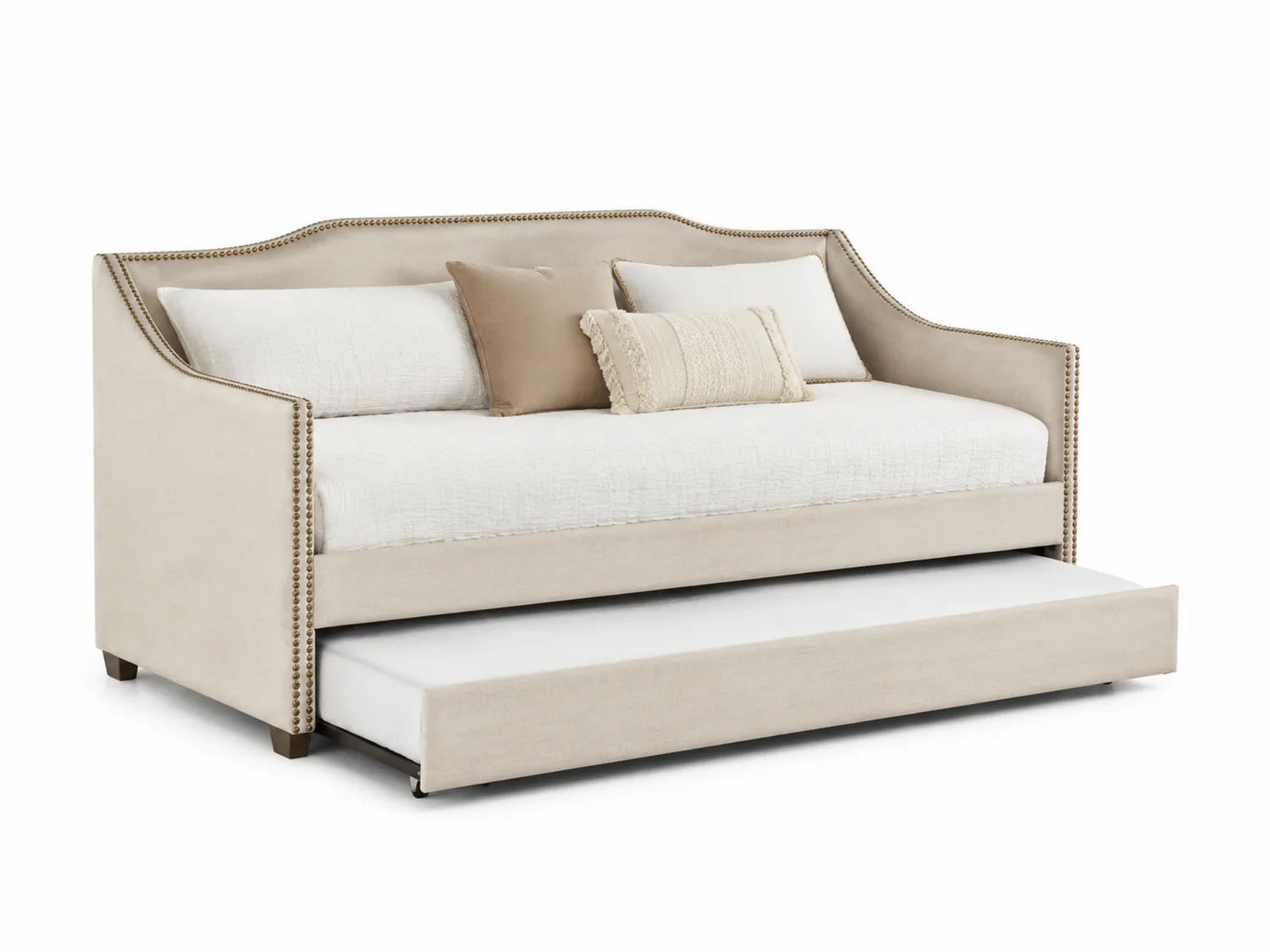 Cama nido de madera y lino beige con cojines