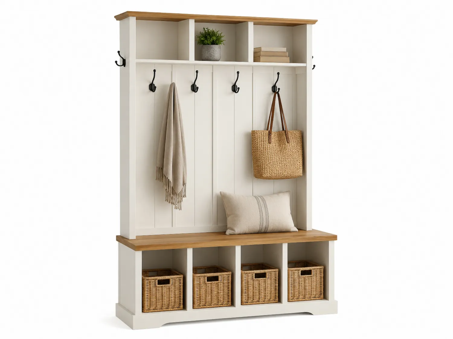 Perchero con Almacenamiento de Madera y Banco 180x100x40 cm Blanco y Roble