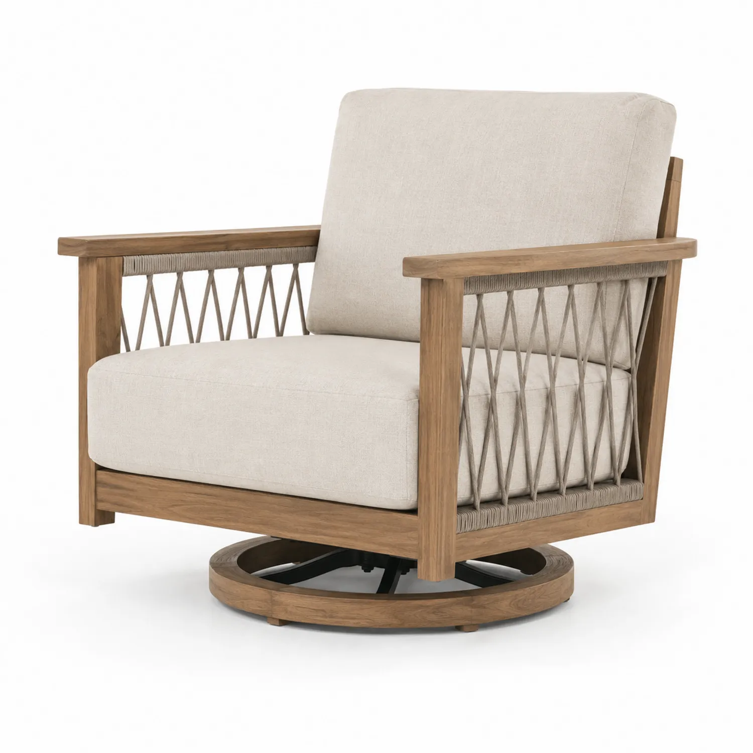 Sillón giratorio de madera de teca y cuerda beige