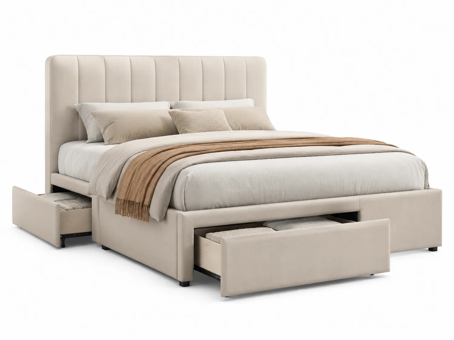 Cama de terciopelo beige con almacenamiento y cabecero de 200x160 cm