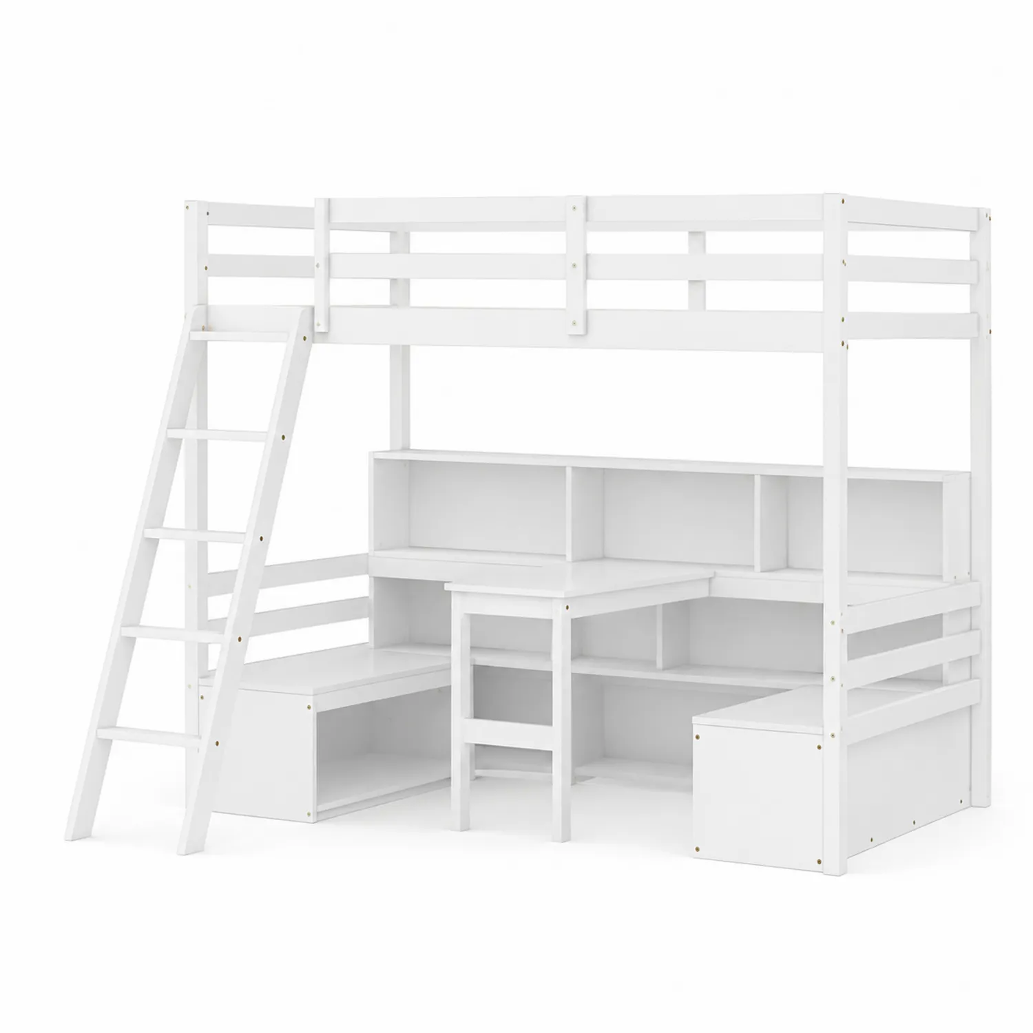 Letto a soppalco singolo in legno con scrivania e scaffali, Bianco