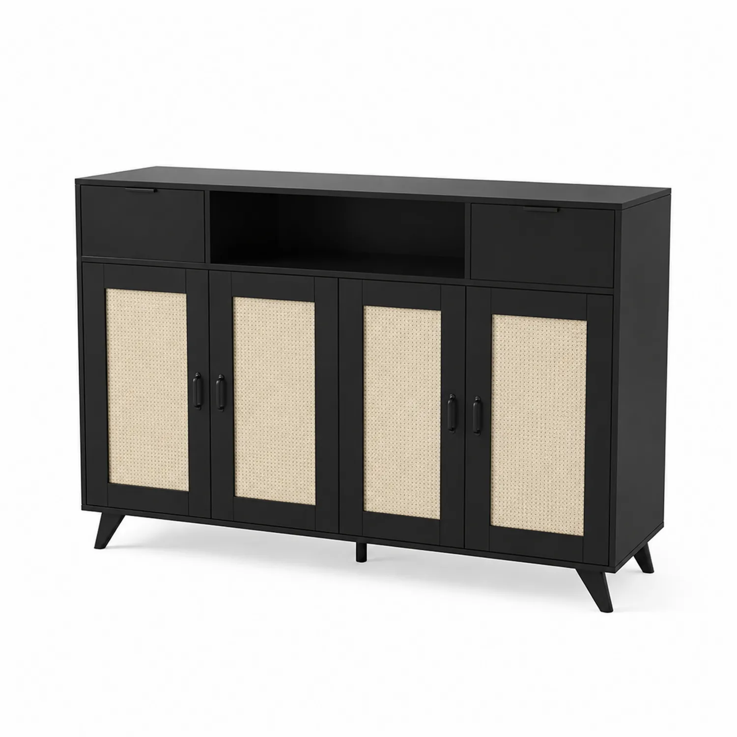 Credenza in MDF e Rattan Nero 150x40x90 cm