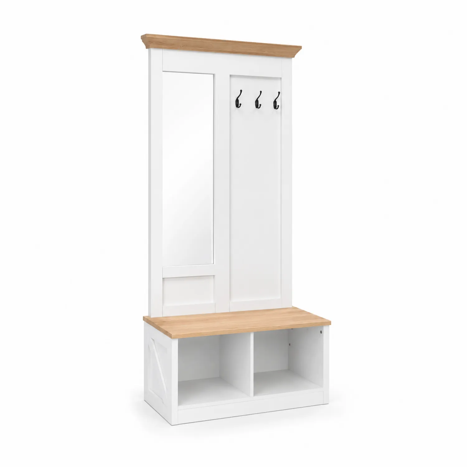 Appendiabiti con Specchio e Panca in MDF Bianco e Legno di Rovere