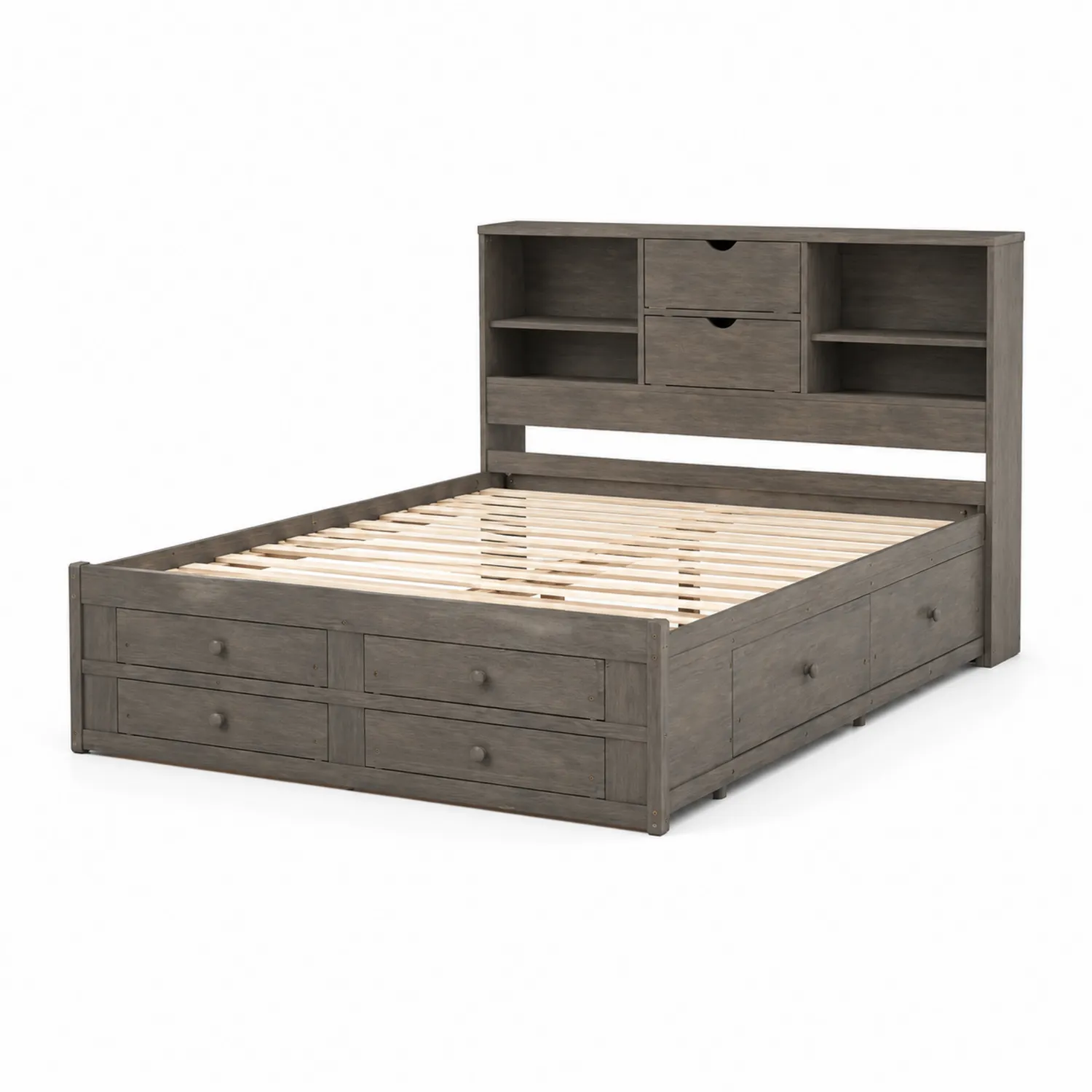 Letto contenitore in legno con testiera libreria grigio