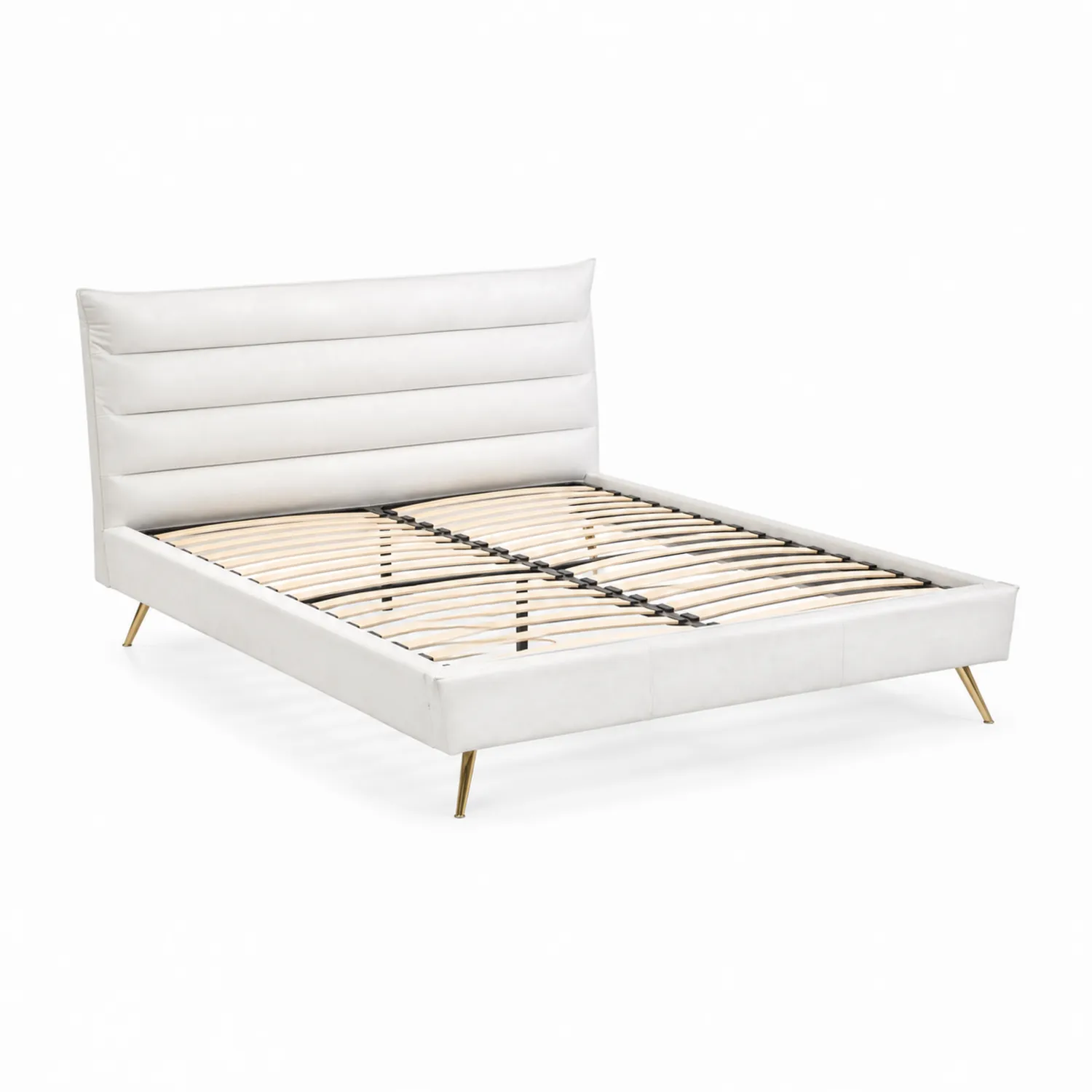 Letto matrimoniale in similpelle bianca con testiera e gambe in metallo, 160x200 cm