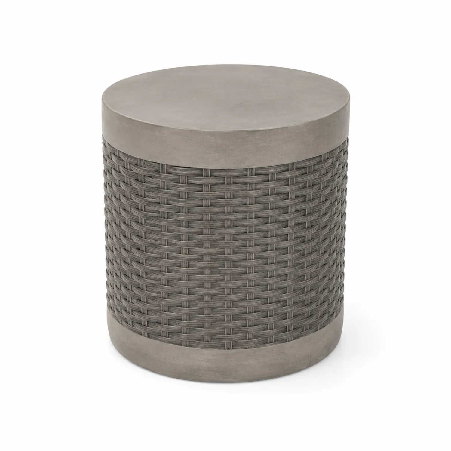 Tavolino da esterno in cemento e rattan intrecciato grigio