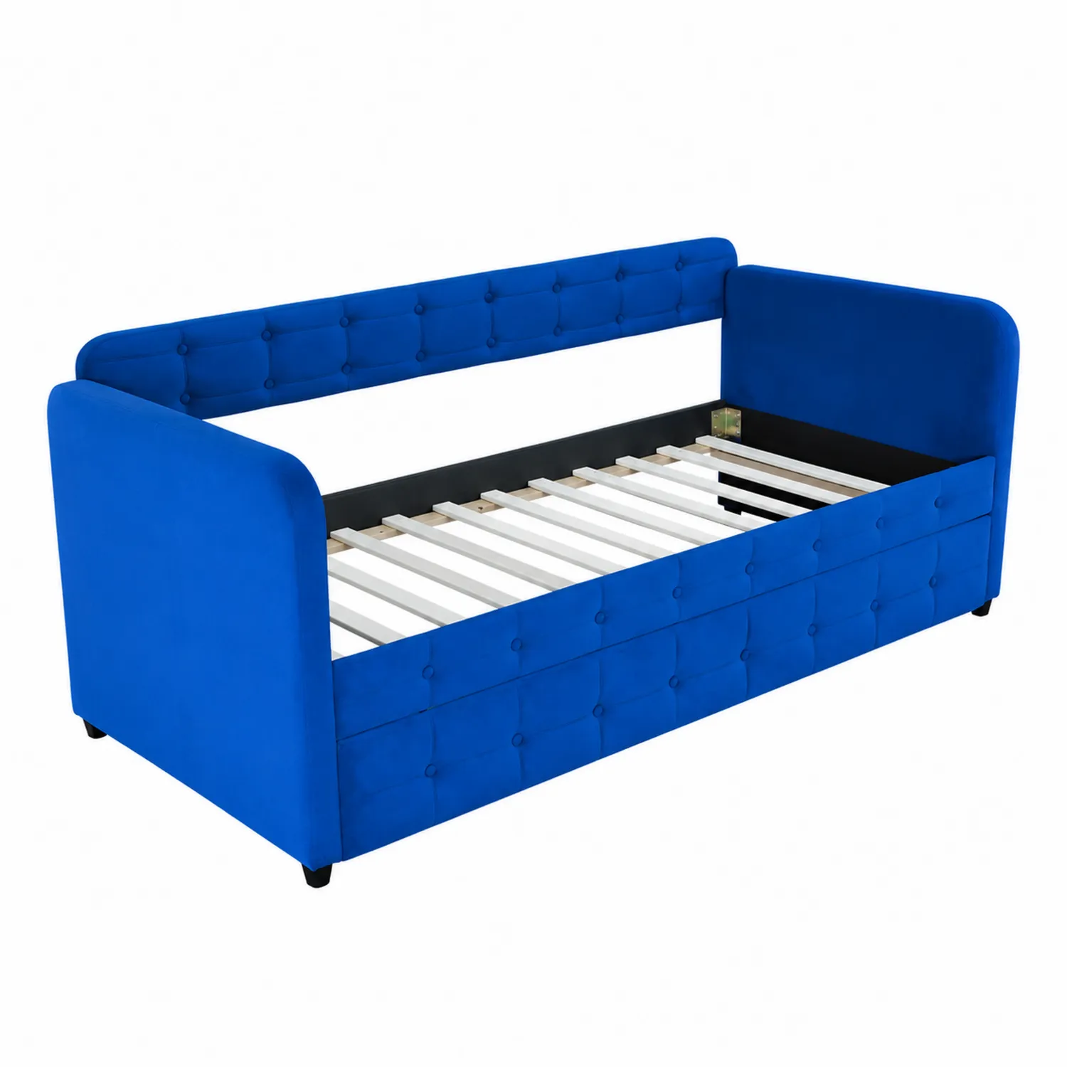 Letto da giorno in velluto blu con struttura in legno