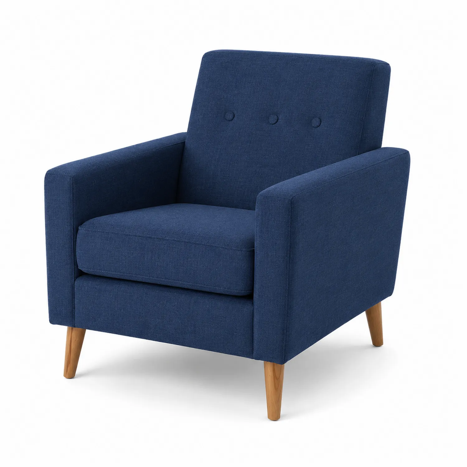 Poltrona in lino blu con gambe in legno