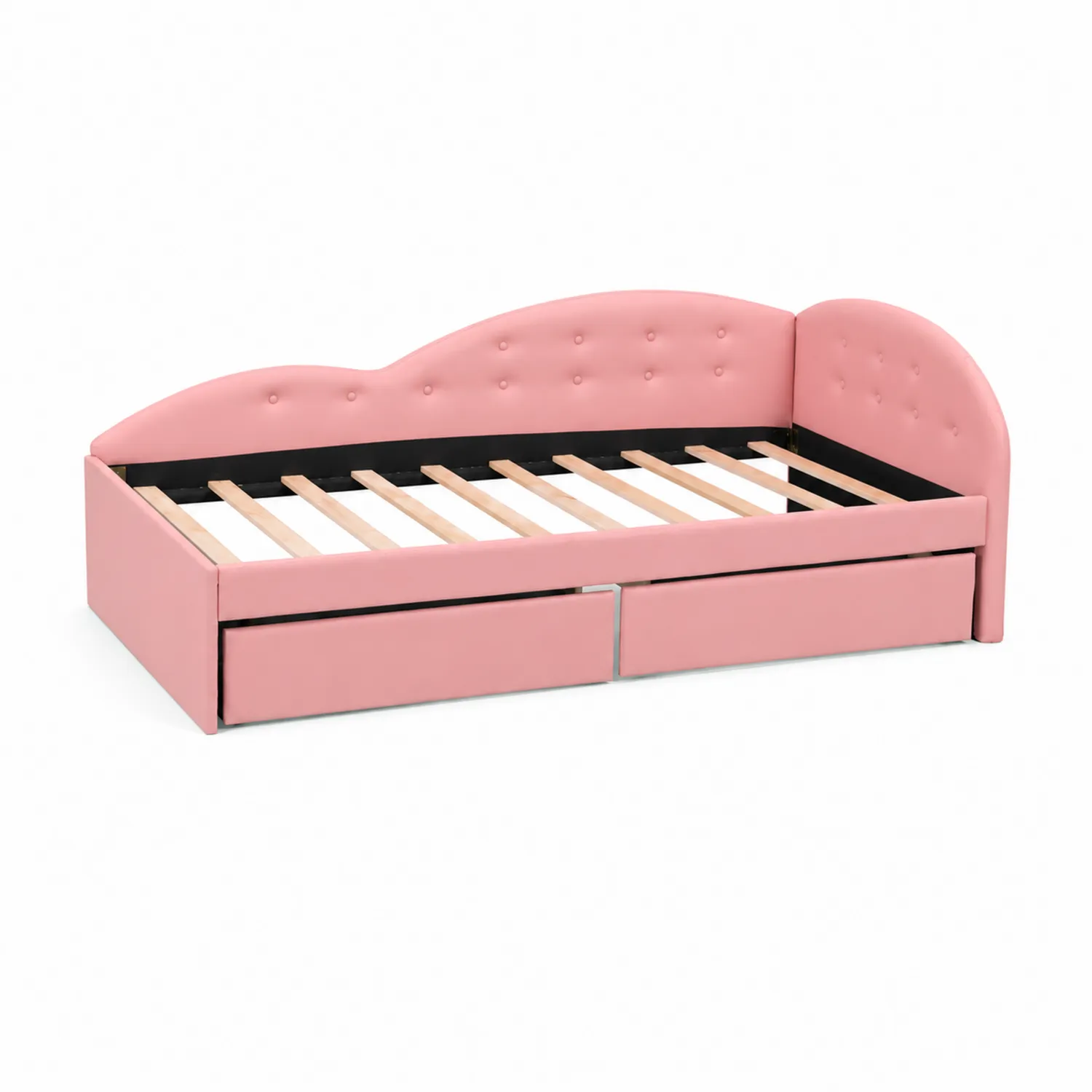 Letto da giorno in legno e ecopelle rosa con cassetti e testiera ondulata