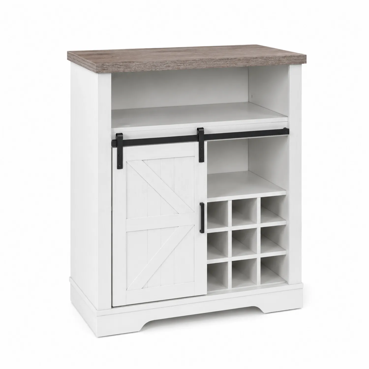 Credenza in legno massello con anta scorrevole e portabottiglie