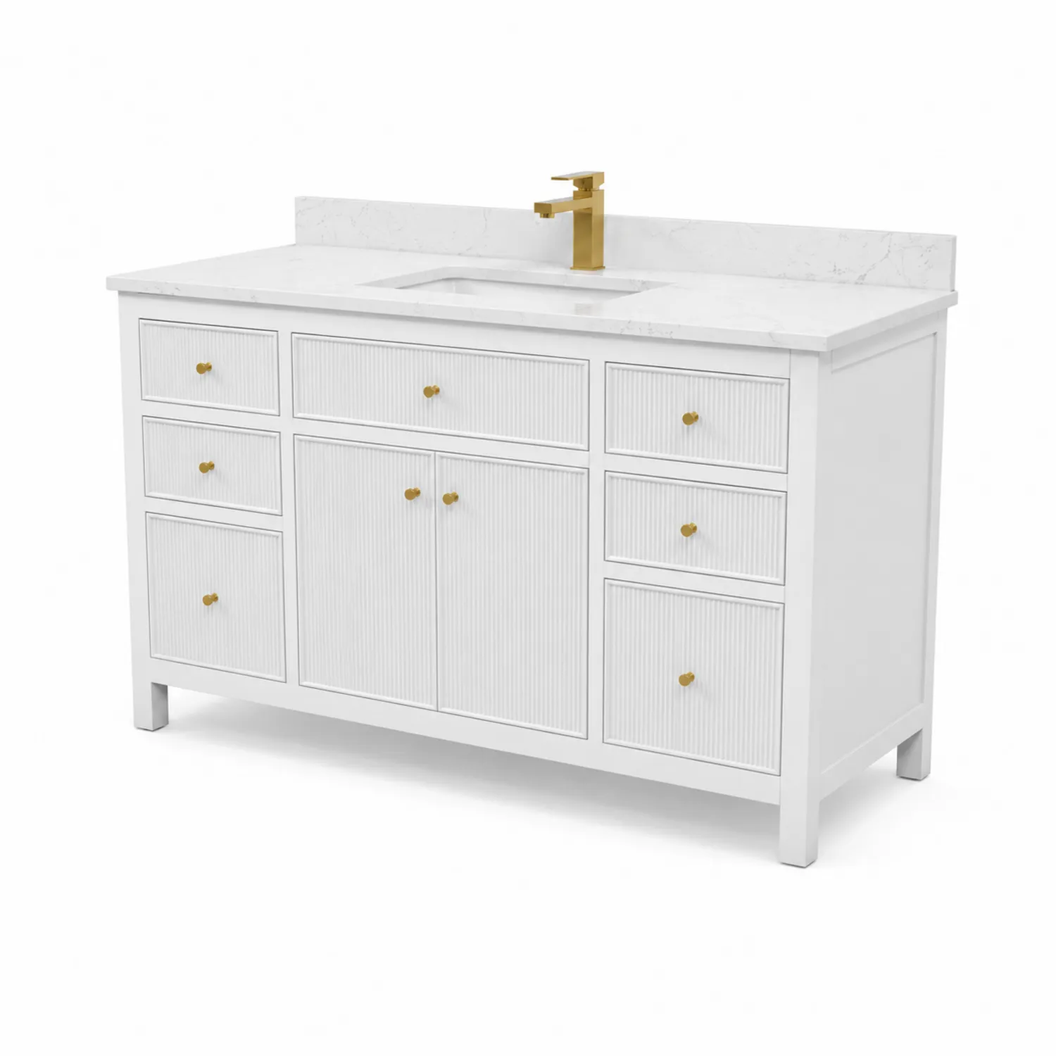 Mobile Lavabo Singolo in MDF con Marmo Sintetico e Ottone, 150x60x85 cm